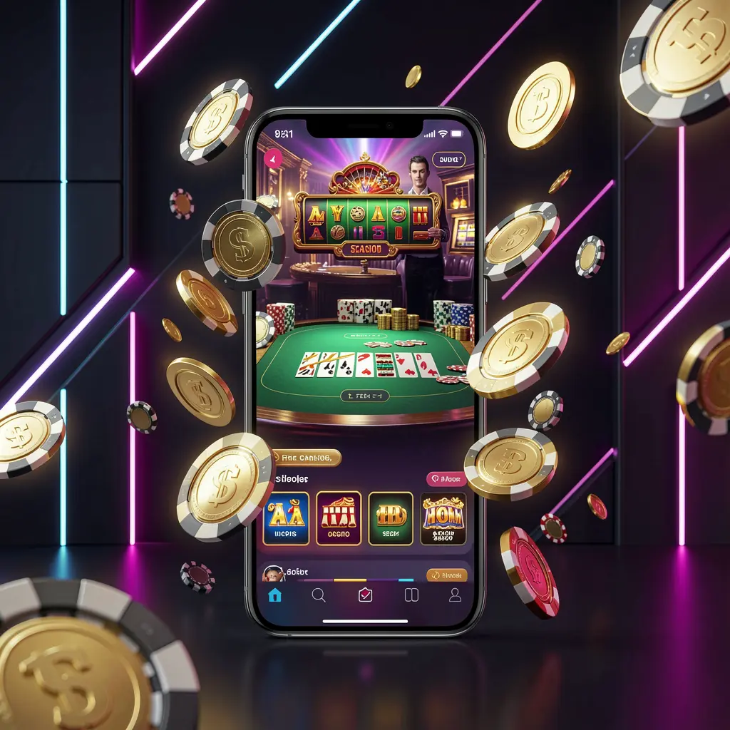 Spanduk utama aplikasi seluler kasino online WP88 yang menampilkan ponsel pintar modern dengan antarmuka kasino bercahaya, koin emas dan chip poker beterbangan di sekitarnya dengan latar belakang mewah gelap beraksen neon