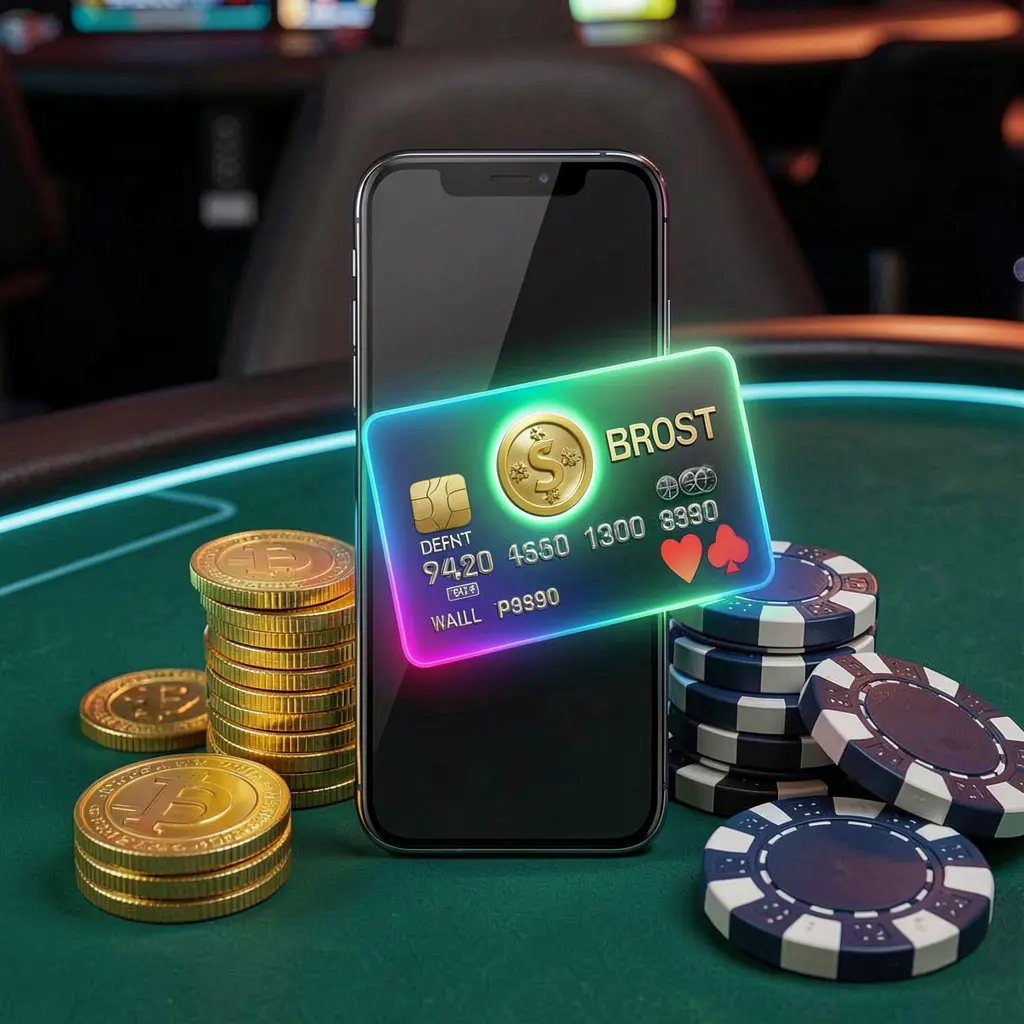 Konsep bonus deposit WP88 yang menampilkan dompet ponsel pintar dengan kartu pembayaran bercahaya, dikelilingi koin emas dan chip poker dalam gaya kasino seluler modern
