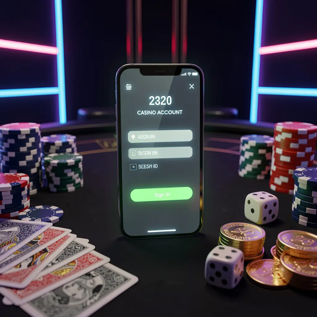 Adegan masuk akun kasino WP88 dengan ponsel pintar bercahaya di atas meja kasino yang dikelilingi kartu, chip, dadu, dan koin emas, berlatar belakang gelap yang elegan dengan sorotan neon dalam render 3D realistis