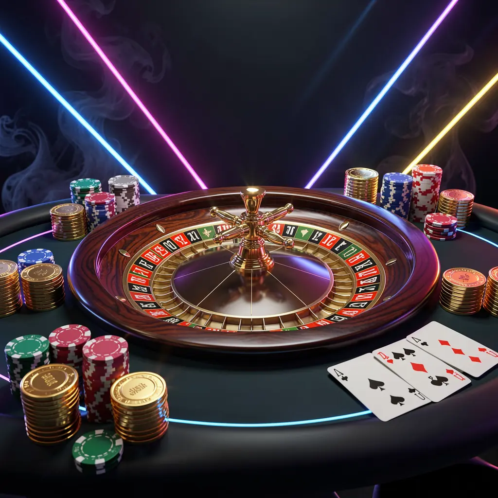 Meja kasino online mewah dengan roda roulette, chip poker, kartu remi, dan koin emas di atas latar belakang premium gelap dengan cahaya neon, menampilkan merek WP88