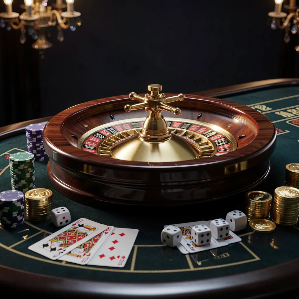 Beranda kasino premium WP88 yang menampilkan roda roulette berputar di atas meja mengilap yang dikelilingi chip poker, dadu, kartu, dan koin emas dengan latar belakang gelap elegan dan pencahayaan sinematik